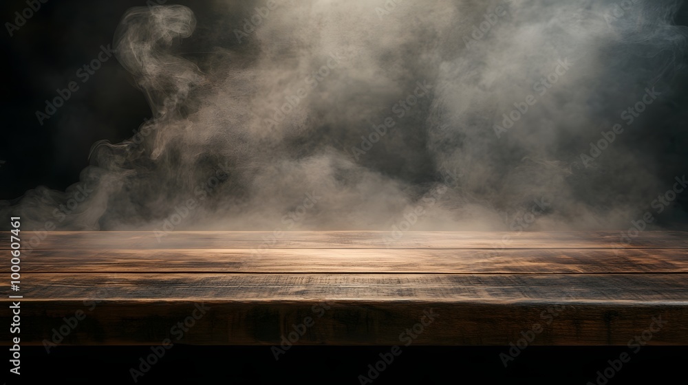 Poster 1. an empty wooden table set against a dark background, with soft smoke gently floating upward, crea