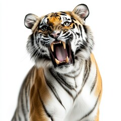 Fototapeta premium A fierce tiger roaring, showcasing its powerful physique and striking stripes against a white background.