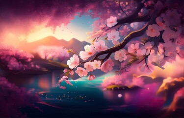 Obraz premium Pink cherry blossoms in full bloom, hanging over a shimmering blue lake at sunset.