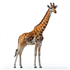 Obraz premium A majestic giraffe standing tall against a white background, showcasing its unique markings and graceful stature.
