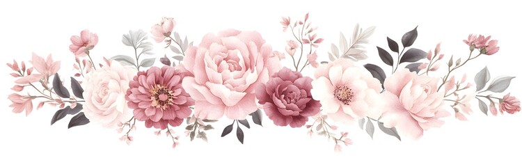 A beautiful floral garland of roses, peonies, and carnations in soft pink tones on a white background