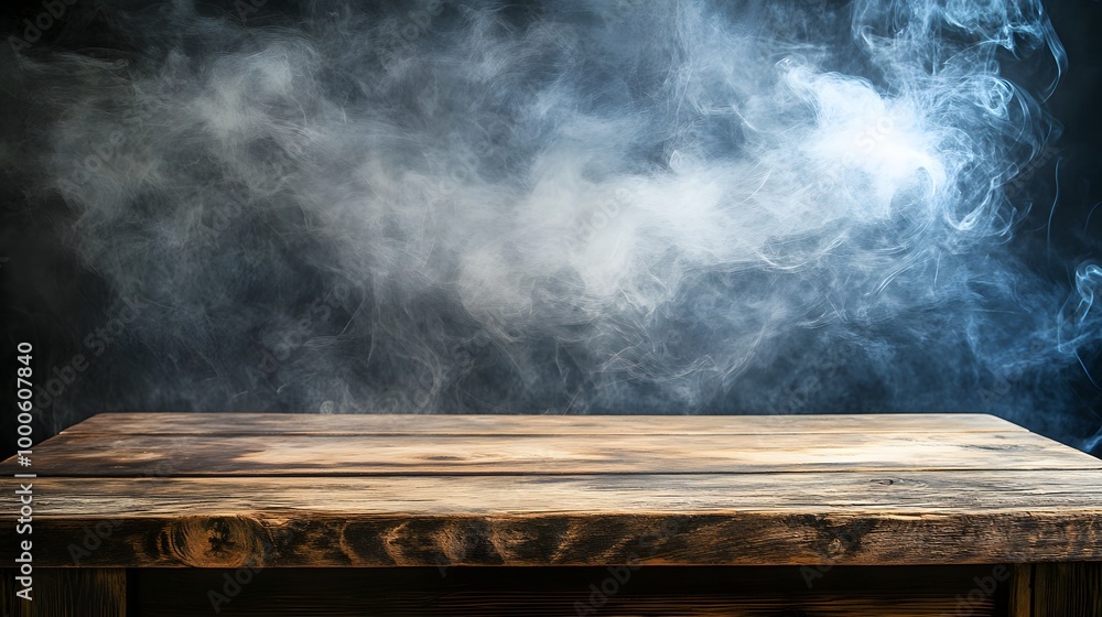 Poster 2. a rustic wooden table with an empty space for product display, surrounded by swirling smoke on a 