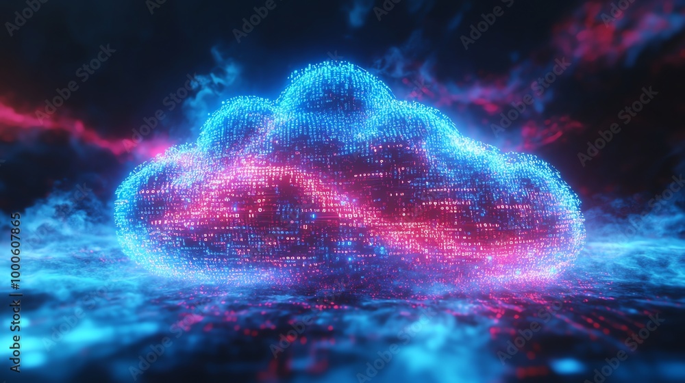 Poster a stylized cloud symbol, rendered as a digital object, glowing with light and data streams.