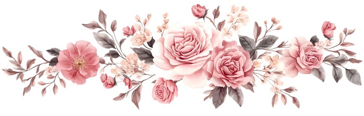 A beautiful floral garland of roses, peonies, and carnations in soft pink tones on a white background