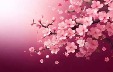 Pink cherry blossoms falling from branches, against a pink and red ombre background.