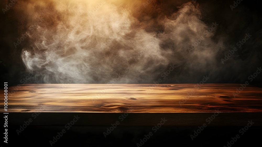 Poster 4. an elegant wooden table in a dimly lit setting, with wisps of smoke ascending into the air, creat