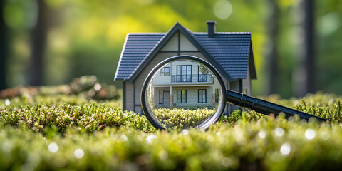 Magnifying Glass Focused on Model House in Natural Setting