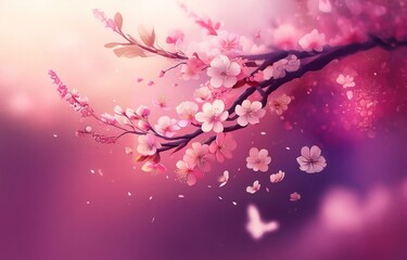 A pink cherry blossom branch with falling petals against a blurred pink background.
