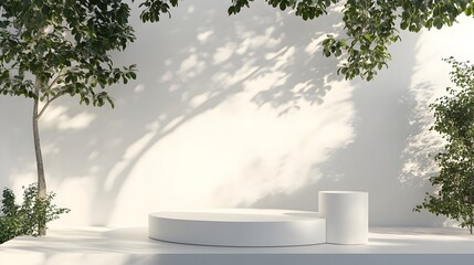 Obraz premium 3. A modern 3D podium stand in pristine white, positioned outdoors under bright natural light, with lush tree shadows providing a serene background for product presentation