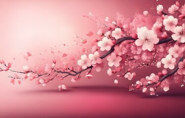 Fototapeta premium Pink blossom branch with falling petals against a soft pink background.