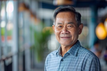 Fototapeta premium Portrait of successful senior Vietnamese businessman consultant looking at camera and smiling inside modern office building , background blur