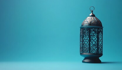 Naklejka premium Eid Mubarak and Ramadan Kareem greetings with an Islamic lantern behind the Arabic lamp on a blue background.