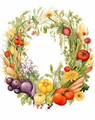 Watercolor Harvest Wreath with Vegetables and Fruits