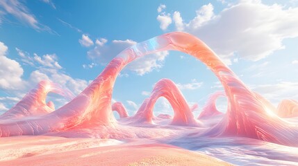 4. A vibrant 3D render depicting an abstract desert landscape with soft pastel tones, geometric structures, and soaring arches, all set beneath a panoramic blue sky dotted with clouds, ideal for