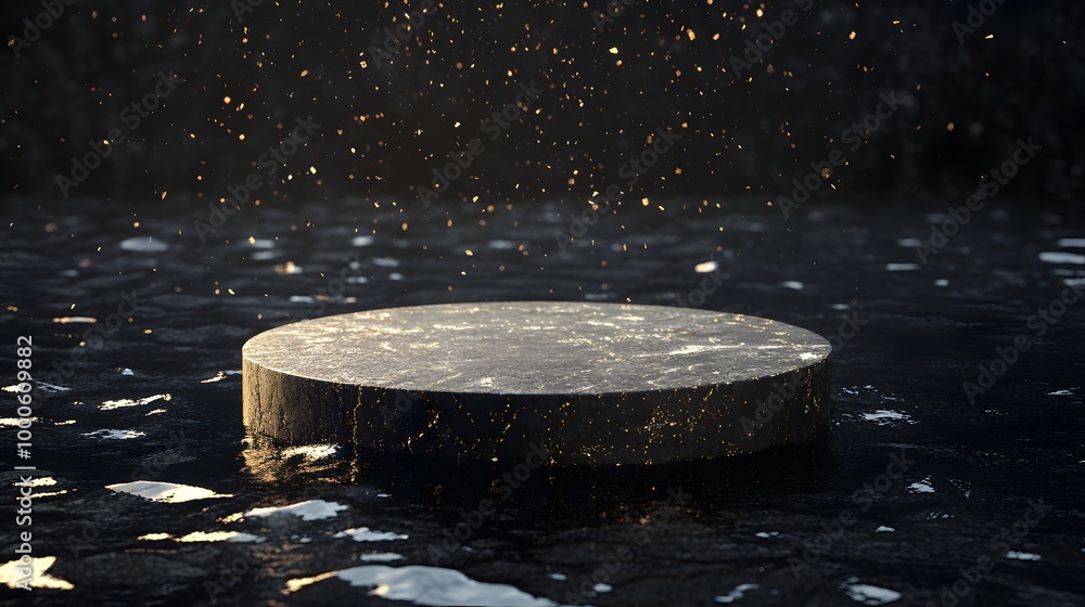 Poster 4. a sophisticated 3d rendering of a round stone podium partially submerged in dark water, with shim