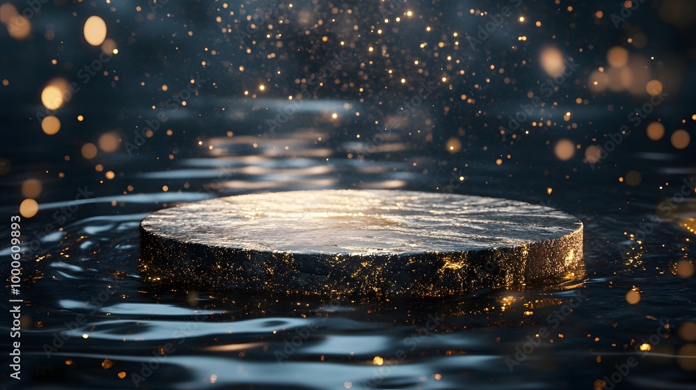 Poster 4. a sophisticated 3d rendering of a round stone podium partially submerged in dark water, with shim