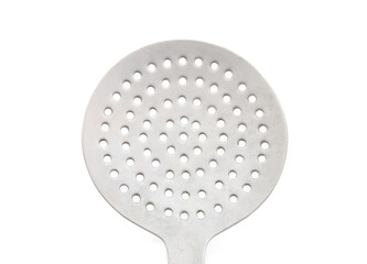 Close up of strainer or skimmer. Stainless steel kitchen utensil used to retrieve, strain, skim or...