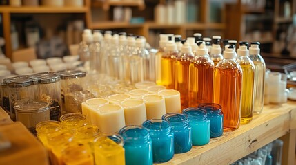 A variety of natural beauty products, including soaps, lotions, and essential oils, are displayed on a wooden shelf in a store.
