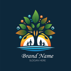 Family health care logo design template with family members under a tree illustration