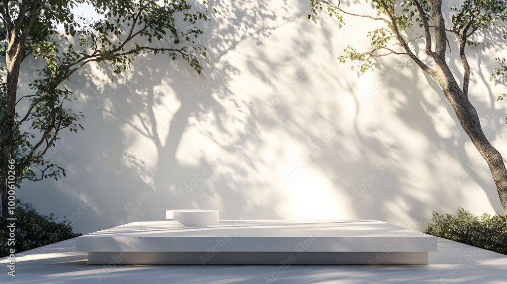 Poster 1. a sleek 3d rendering of a white podium stand set outdoors, bathed in natural light, with gentle t