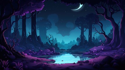 Fototapeta premium A Nighttime Forest Scene with a Crescent Moon and a River