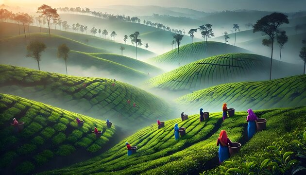 The endless rolling hills of Assam&rsquo;s tea gardens during a soft morning mist