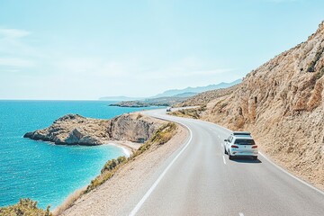 White car drive on road of mediterranean beach. driving on coast of Spain. Highway view on coast on way to summer holiday. Europe travel trip in sea coast road landscape. generative ai