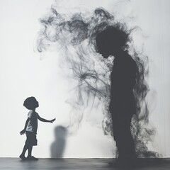 A child extends their hand toward a smoky figure, suggesting themes of connection, separation, or otherworldliness. The clean, minimalistic background contrasts sharply with the swirling smoke