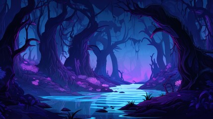 Fototapeta premium A Glowing River Winding Through a Dark Forest
