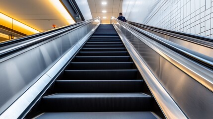 Obraz premium A close-up view of an escalator ascending in a modern interior space, highlighting sleek design and efficient transportation.