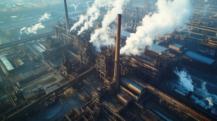 Fototapeta premium Aerial View of Industrial Complex with Smoke Stacks and Cranes