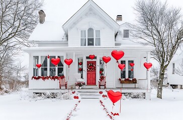 Naklejka premium A classic house decorated for Valentine's Day with heart-shaped balloons and red accents, showcasing the front porch with white railings adorned in pink ribbons and bows