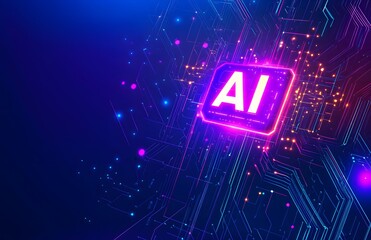 A digital illustration of AI in bold white letters, floating above an abstract circuit board background with glowing nodes and wires. 
