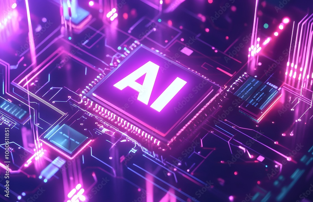 Aufkleber a digital illustration of ai in bold white letters, floating above an abstract circuit board backgro