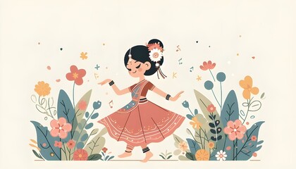 Vector art of a girl dancing among flowers