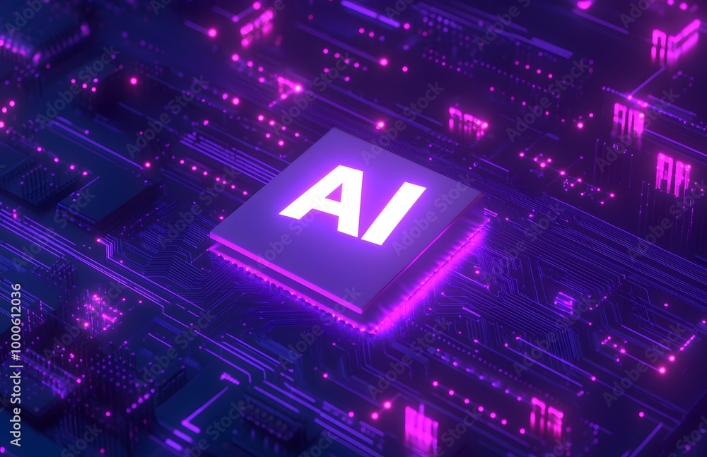 Poster a digital illustration of ai in bold white letters, floating above an abstract circuit board backgro
