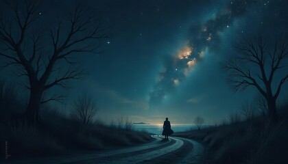 Couple walking through a moonlit forest under a starry sky at sunset, surrounded by silhouettes of trees and mountains, capturing the essence of love in nature