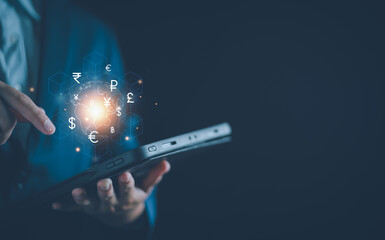 Currency exchange with blockchain technology concept, Business man doing financial transaction currency exchange, blockchain technology, foreign currency, international money transfer, banking payment