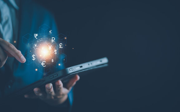 Currency exchange with blockchain technology concept, Business man doing financial transaction currency exchange, blockchain technology, foreign currency, international money transfer, banking payment