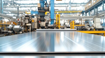 Shiny Metal Sheet on Conveyor Belt in Factory Setting
