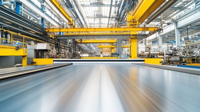 Metal Sheet Processing in Industrial Factory with Conveyor Belt and Overhead Cranes