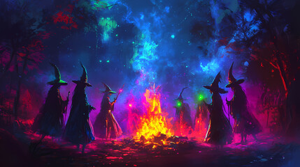 Fototapeta premium Glowing neon witches coven gathered around a bonfire, eerie halloween night with vibrant neon colors. Witch Coven. Illustration