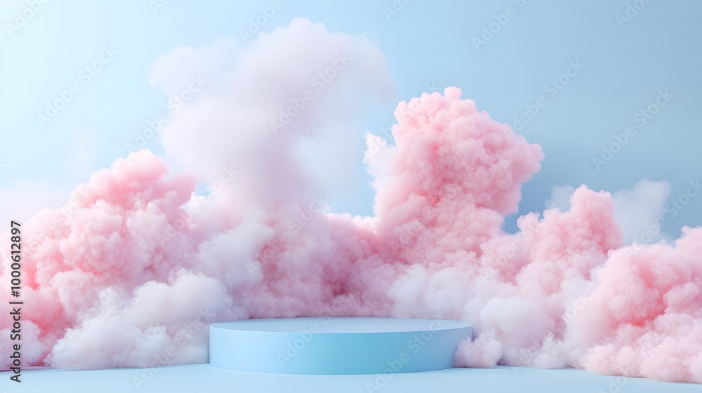 Poster 1. a dreamy 3d render of a blue cloud background with a minimalist podium, creating an abstract stag