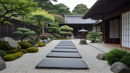 Zen Garden Featuring Lush Greenery and Thoughtfully Arranged Rocks
