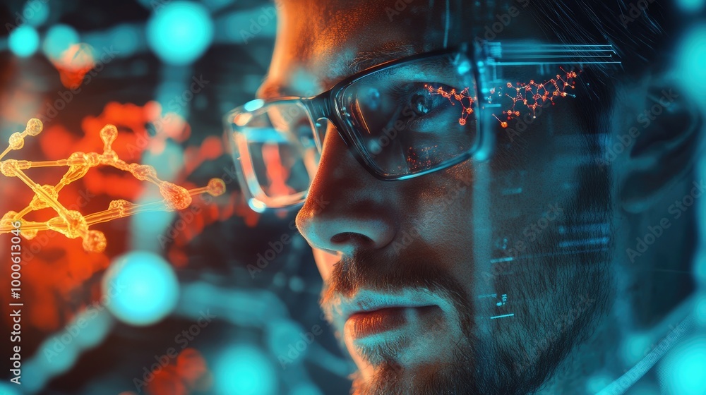 Poster close-up of a genius analyzing complex data, with dna strands and molecular structures in the backgr