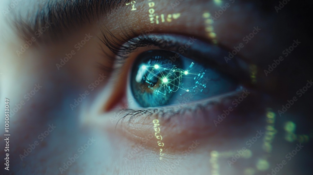 Poster close-up of a person eye with a digital overlay of dna structures and equations, symbolizing visiona