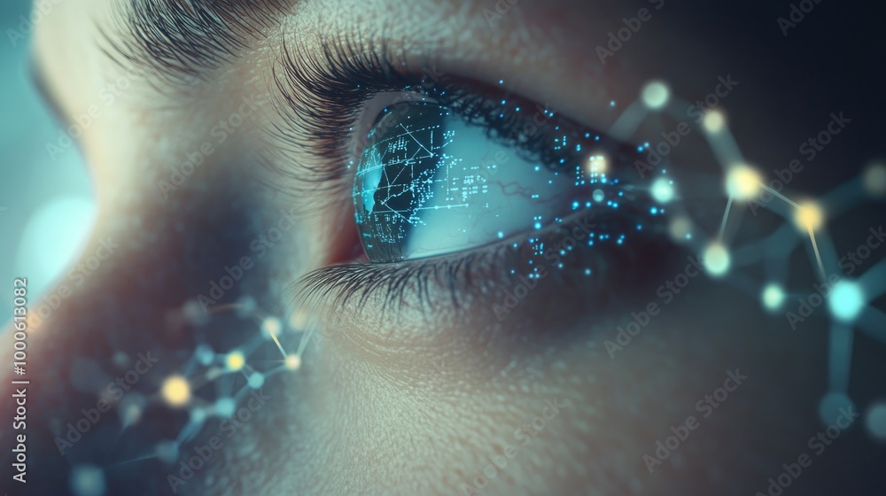 Poster close-up of a person eye with a digital overlay of dna structures and equations, symbolizing visiona