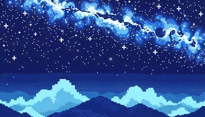 Fototapeta premium A serene winter landscape featuring a beautiful abstract Christmas background adorned with snowflakes, a starry night sky, and decorated Christmas trees, perfect for celebrating the holiday season