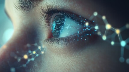 Close-up of a person eye with a digital overlay of DNA structures and equations, symbolizing visionaries with a genius-level IQ.