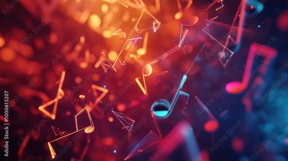 Poster high-res aesthetic shot of geometric shapes intertwining with floating musical notes, creating a fut
